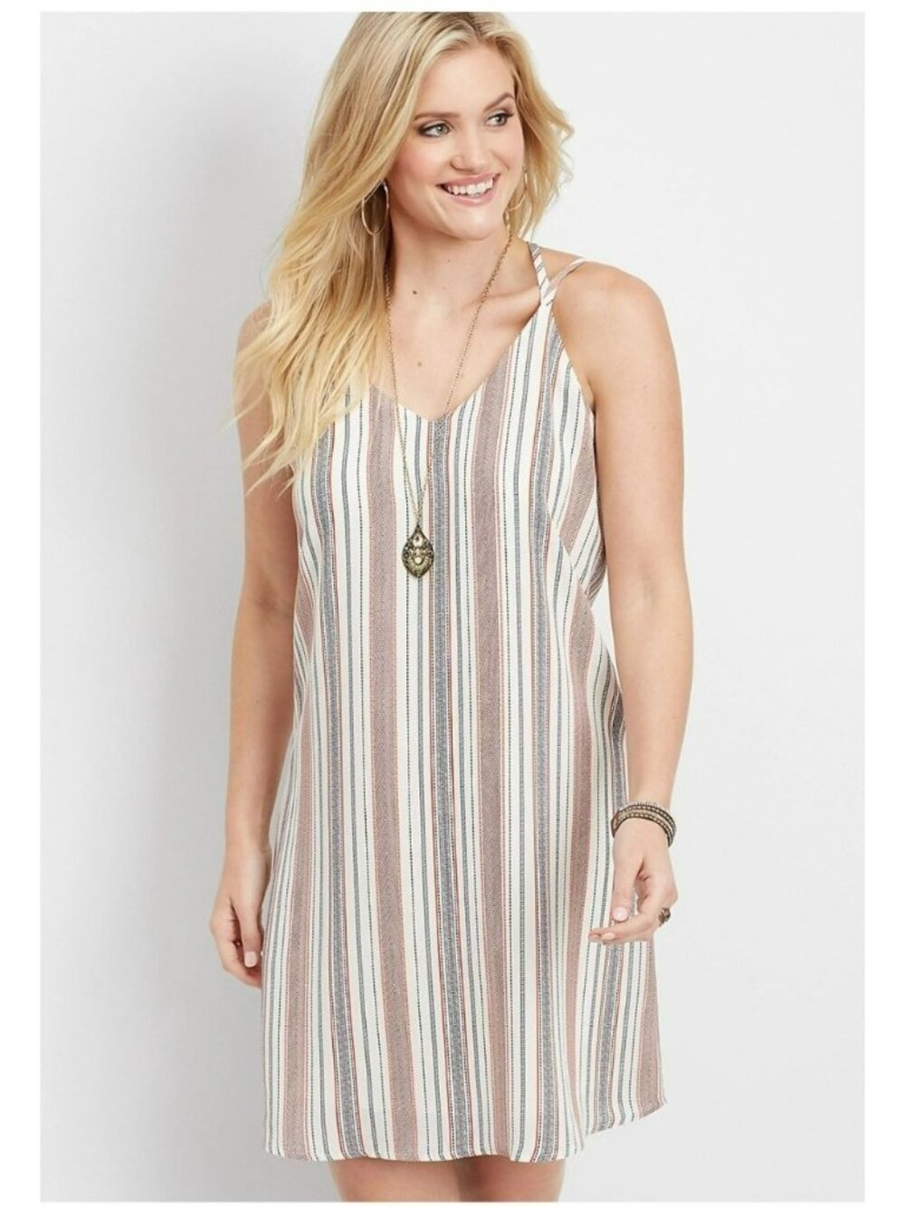 ⭐Size M Women's Mini Dress Xhilaration BOHO Striped Cris Cros Strap White Blue⭐